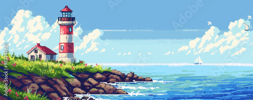 Depict a pixel art of a charming lighthouse by the sea, pixel art on white isolated background, vector design.