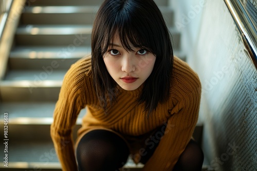 A woman in Japanese-inspired attire, wearing black tights and a brown... photo