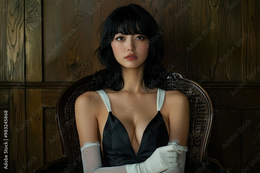 A Japanese woman with black hair and bangs, wearing white gloves, sits in a... A Japanese woman with black hair and bangs, wearing white gloves, sits in a...