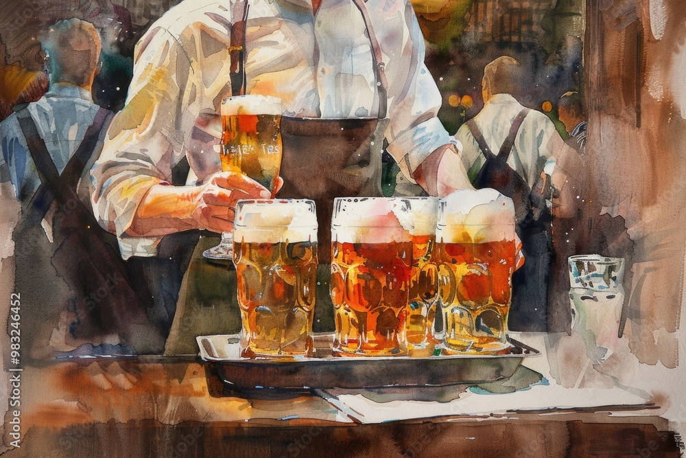 A watercolor painting of a bartender pouring beer into a glass, set against a warm and inviting background A watercolor painting of a bartender pouring beer into a glass, set against a warm and inviting background