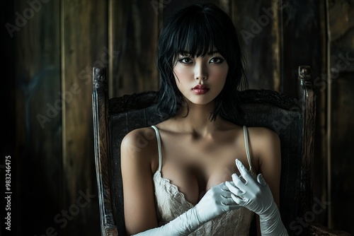 A Japanese woman with black hair and bangs, wearing white gloves, sits in a...