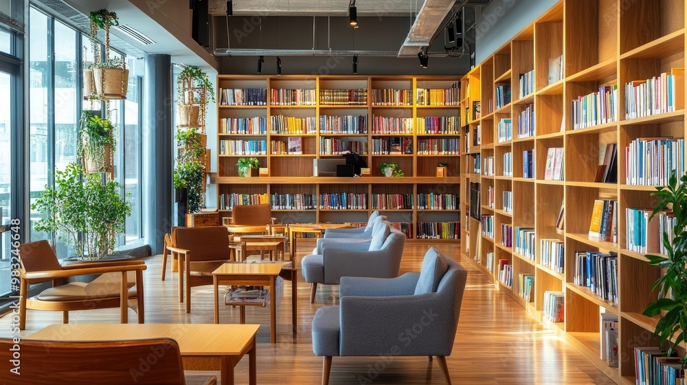 A warm coworking space filled with books and wooden shelves, accented by cozy armchairs and natural lighting, providing a serene, book-filled environment for working, without any people. - A warm coworking space filled with books and wooden shelves, accented by cozy armchairs and natural lighting, providing a serene, book-filled environment for working, without any people. -