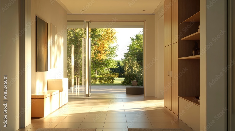 Fototapeta premium A zoomed-in technical view of a modern home entryway, emphasizing clean lines in the architecture and functional design choices like built-in storage and smart lighting.