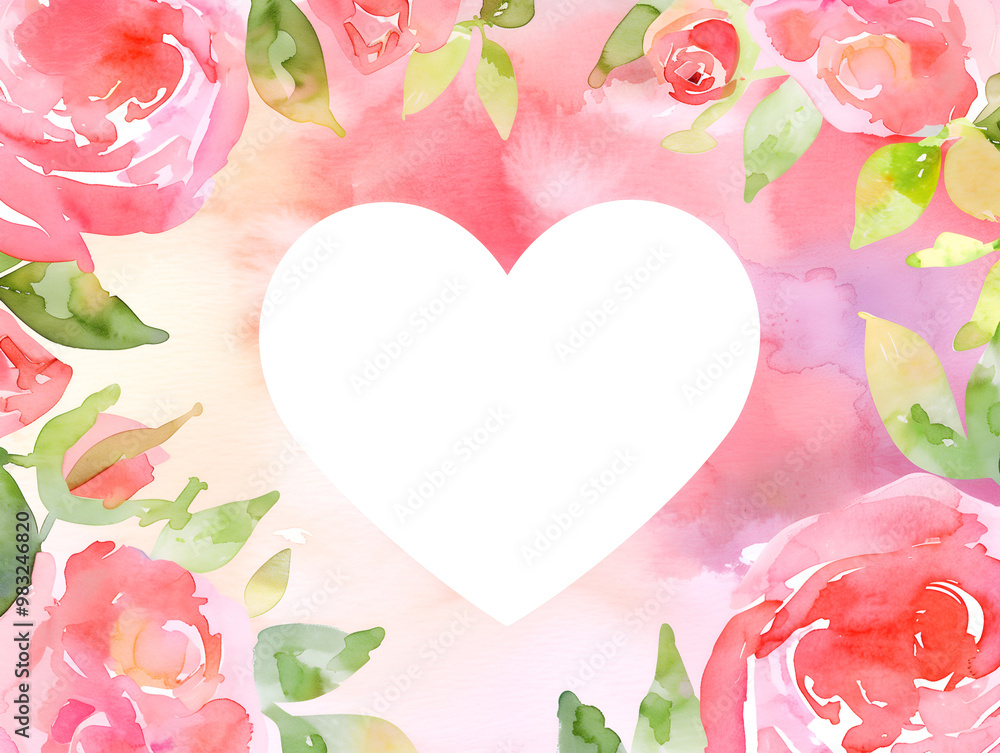 Obraz premium Beautiful watercolor illustration of a Valentine's Day card featuring roses and a heart shape