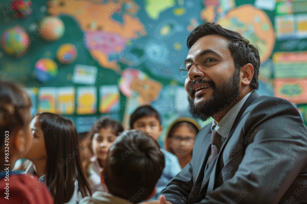 A man in a business suit sitting among a group of children, possibly discussing something A man in a business suit sitting among a group of children, possibly discussing something