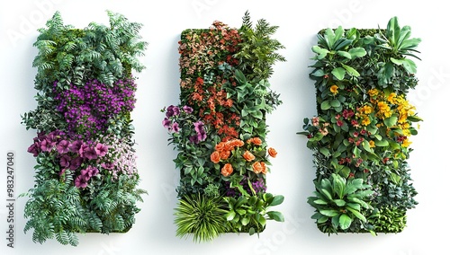 Fototapeta Naklejka Na Ścianę i Meble -  3D rendering, three views of the same vertical garden wall with flowers and...