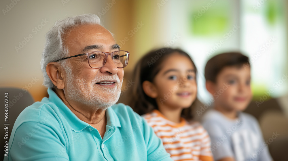 A group of children sitting with their grandparents, listening intently as they share stories about their Hispanic heritage and family history. The scene is intimate and warm, with A group of children sitting with their grandparents, listening intently as they share stories about their Hispanic heritage and family history. The scene is intimate and warm, with