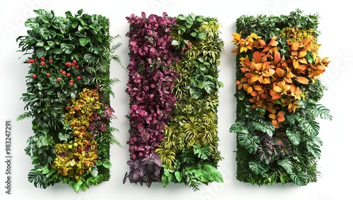 Fototapeta Naklejka Na Ścianę i Meble -  3D render of a colorful vertical garden wall with flowers and plants,...