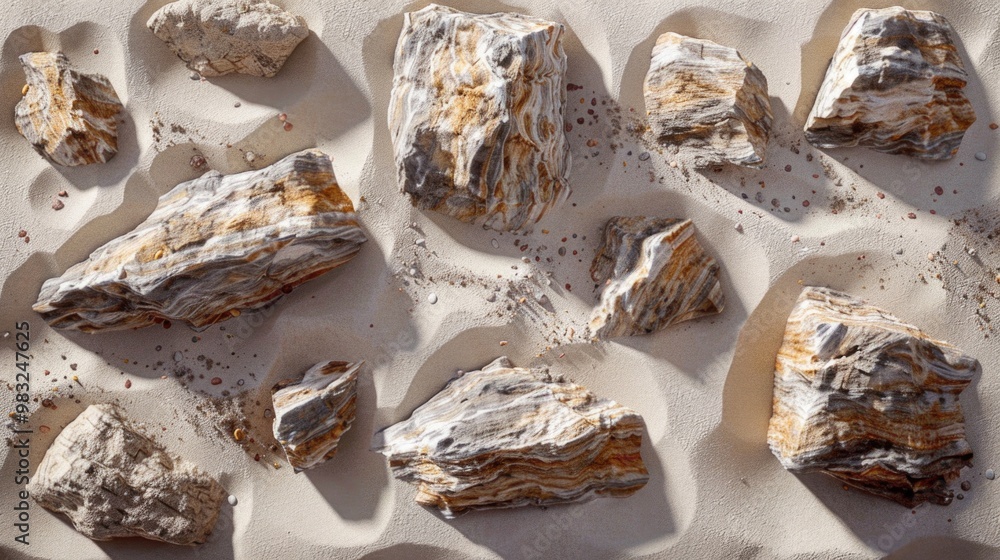 A close-up shot of rocks and sand on a beach, perfect for travel or nature-related projects A close-up shot of rocks and sand on a beach, perfect for travel or nature-related projects