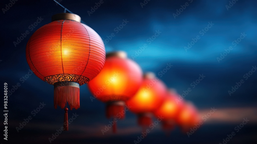 Obraz premium Red Chinese Lanterns Hanging against Blue Sky