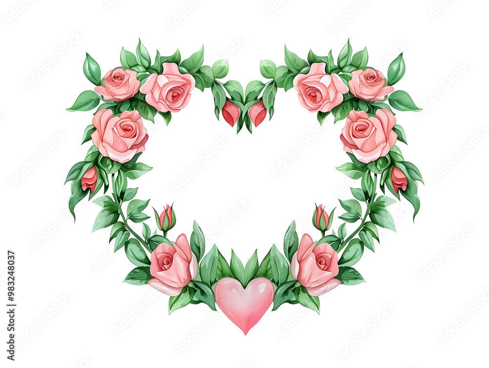 Watercolor illustration of a heart-shaped frame made with pink roses for Valentine's Day Watercolor illustration of a heart-shaped frame made with pink roses for Valentine's Day