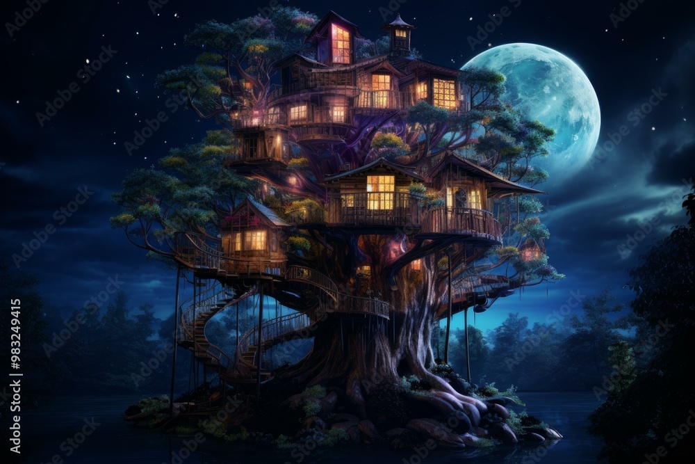 Magical night scene of a grand treehouse with glowing windows under a full moon Magical night scene of a grand treehouse with glowing windows under a full moon