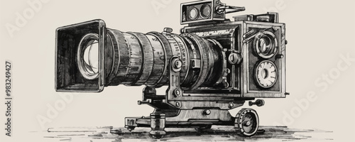 Retro movie camera sketch. Filming, film shooting concept. Film, tv equipment drawn in vintage engraving style. vector simple illustration
