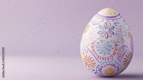 A pastel-colored Easter egg with intricate patterns on a light purple background