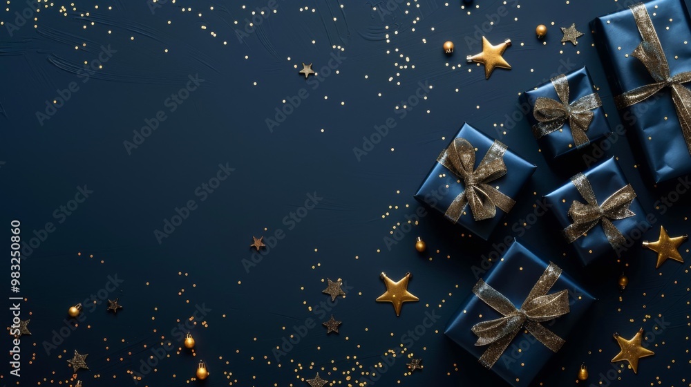 illustration of blue gifts with golden bows and ribbons placed on blue background near stars illustration of blue gifts with golden bows and ribbons placed on blue background near stars