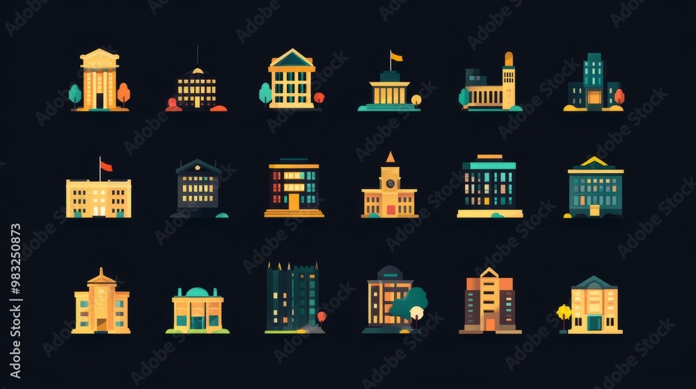 Obraz premium Colorful City Building Icons Set on Dark Background