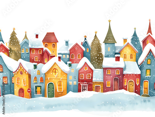 Colorful watercolor illustration of a snowy village during the holiday season