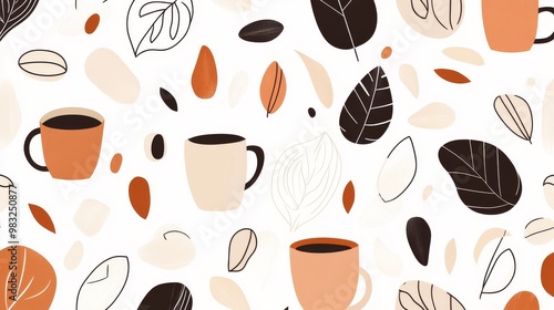 Featuring flat illustrations and playful textures, this coffeethemed abstract seamless pattern is a vibrant addition to your home decor. photo