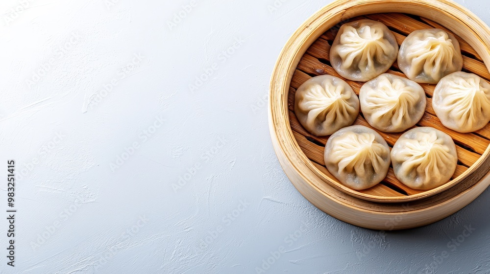 Steamed Dumplings in Bamboo Steamer on Grey Background Steamed Dumplings in Bamboo Steamer on Grey Background