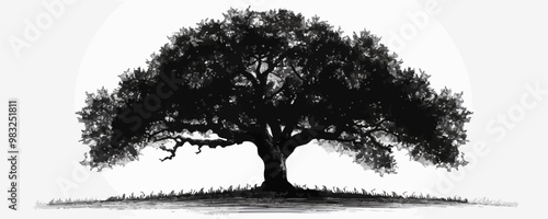 Oak tree silhouette sketch hand drawn in doodle style Vector illustration