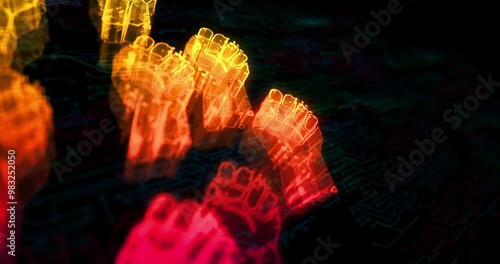 Freedom fight revolution with clenched fist hologram symbol appears on a electronic circuit background. Network, cyber technology and computer abstract concept. photo