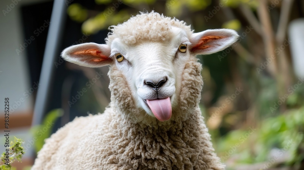 Fototapeta premium Playful Sheep with Tongue Out