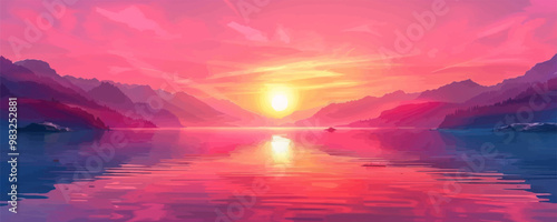 A radiant sunrise painting the sky with hues of pink and orange over a tranquil lake. Vector flat minimalistic isolated illustration.