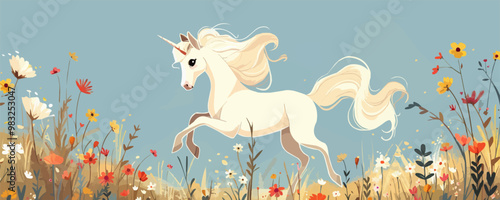 A magical unicorn prancing through a field of wildflowers. Vector flat minimalistic isolated illustration.