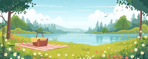 A tranquil riverbank picnic with a checkered blanket and wicker basket. Vector flat minimalistic isolated illustration.