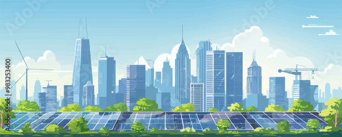 Modern city skyline with rooftop gardens and solar panels Vector flat minimalistic isolated illustration