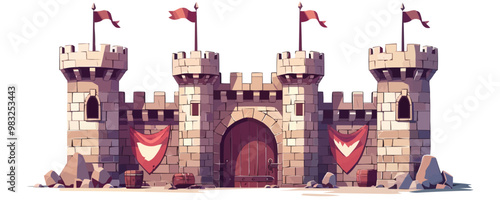 Medieval castle gatehouse with portcullis and banners Vector flat minimalistic isolated illustration