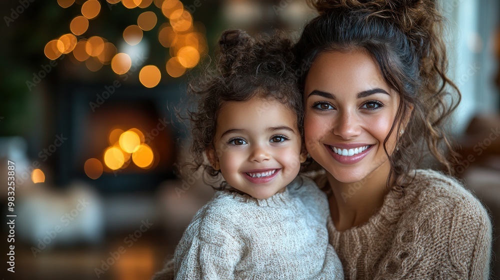 A mother and her daughter enjoy a joyful moment by the fireplace, surrounded by holiday decorations and warm lights A mother and her daughter enjoy a joyful moment by the fireplace, surrounded by holiday decorations and warm lights