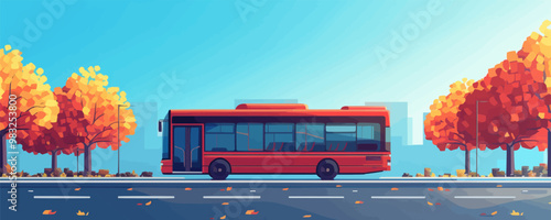 A red bus on the road. Vector flat minimalistic isolated illustration.