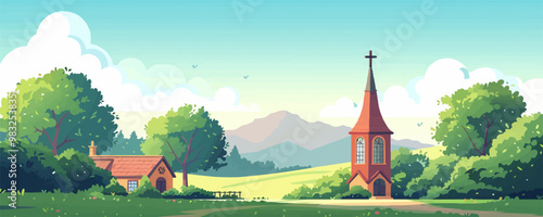 A tranquil countryside chapel with stained glass windows and a bell tower. Vector flat minimalistic isolated illustration.