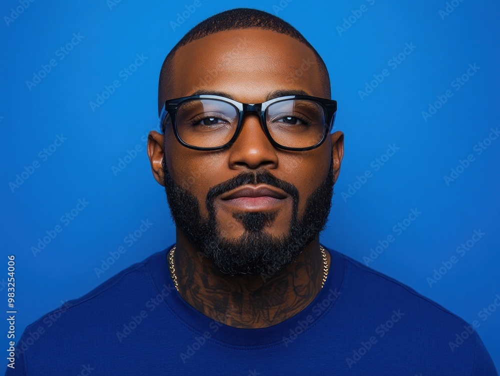 A stylish man with a well-groomed beard showcases his fashion sense in front of a vivid blue backdrop A stylish man with a well-groomed beard showcases his fashion sense in front of a vivid blue backdrop