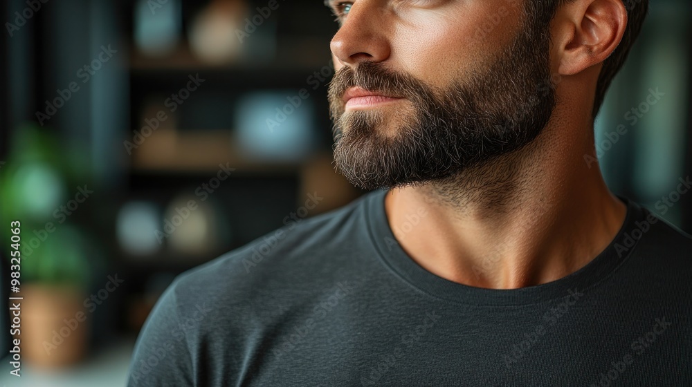 Fototapeta premium Thoughtful man with a well-groomed beard stands indoors, showcasing a modern atmosphere filled with plants