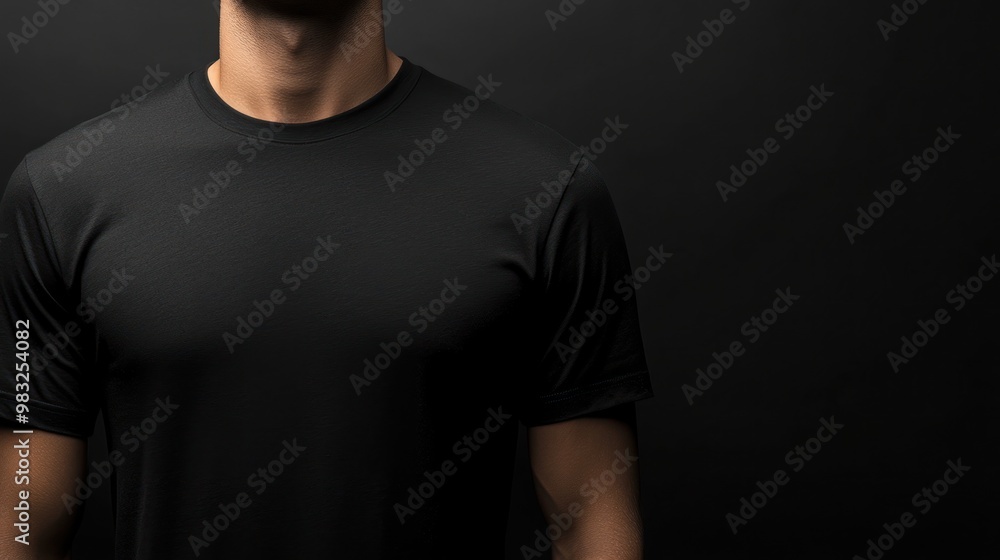 A man stands against a dark background, showcasing a sleek black t-shirt that blends with the surroundings A man stands against a dark background, showcasing a sleek black t-shirt that blends with the surroundings