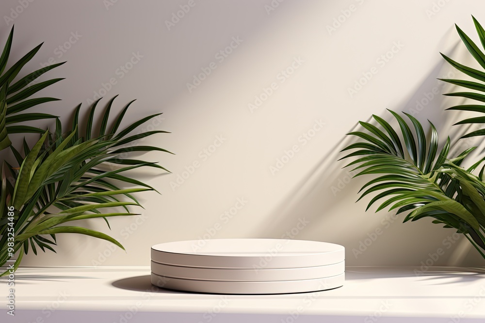 empty white podium mockup for product display background with palm leaves shadow empty white podium mockup for product display background with palm leaves shadow