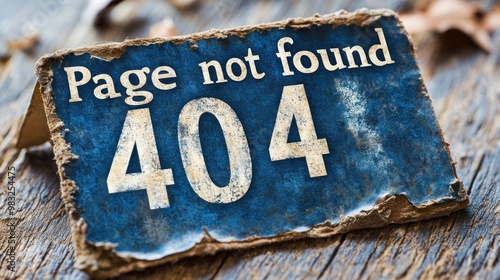 A worn blue sign indicates a page not found error on a textured wooden background with autumn leaves photo