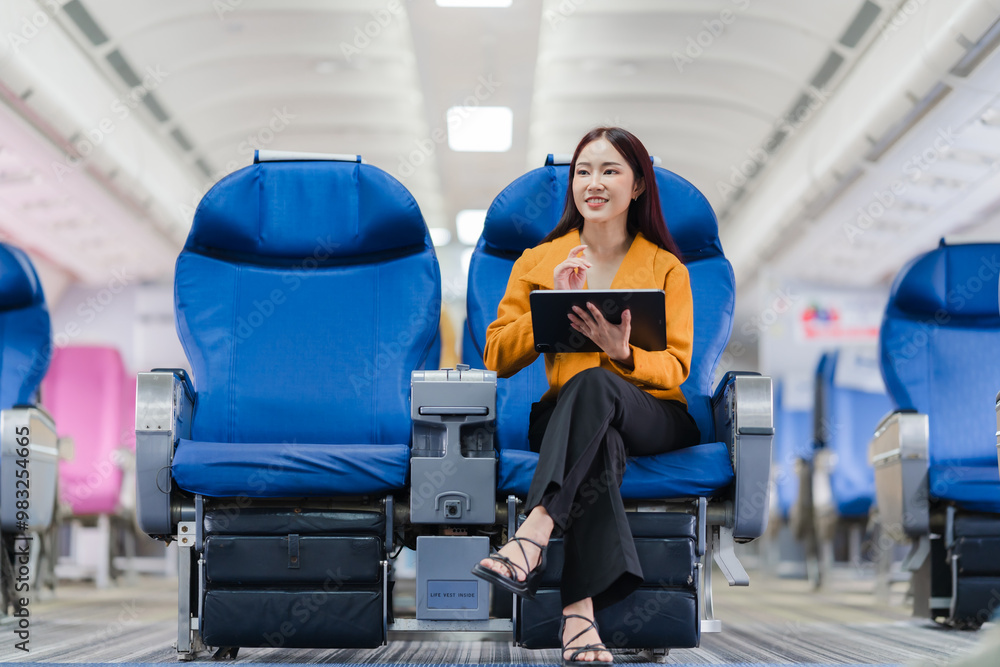 Businesswoman on Flight: A young, professional woman in a stylish yellow blazer sits in an airplane cabin, working on her tablet. Her confident smile and relaxed posture suggest a successful, modern b Businesswoman on Flight: A young, professional woman in a stylish yellow blazer sits in an airplane cabin, working on her tablet. Her confident smile and relaxed posture suggest a successful, modern b