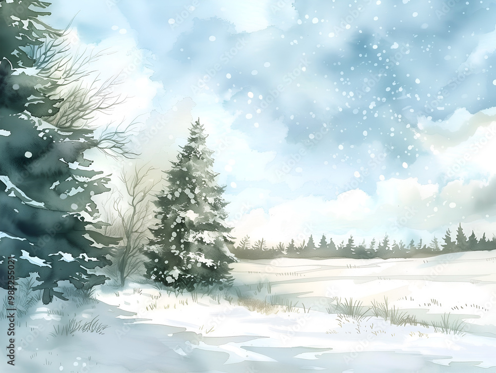 Fototapeta premium A serene watercolor winter landscape featuring trees, snow, and a cloudy sky in a tranquil setting