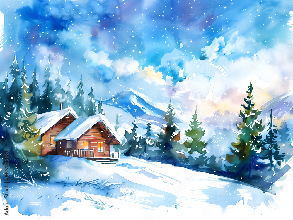 Fototapeta premium Tranquil winter landscape with a cozy wooden cabin and snow-covered mountains at sunset