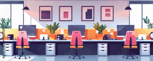 Modern office cubicles with computers and desks Vector flat minimalistic isolated illustration