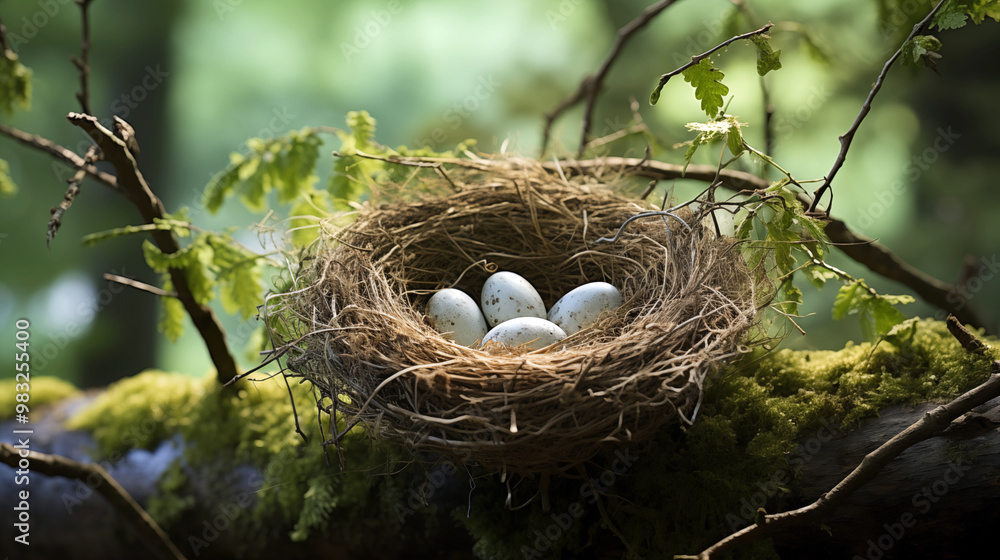 Round wicker bird's nest with eggs. The nest is located among grass and bushes Round wicker bird's nest with eggs. The nest is located among grass and bushes