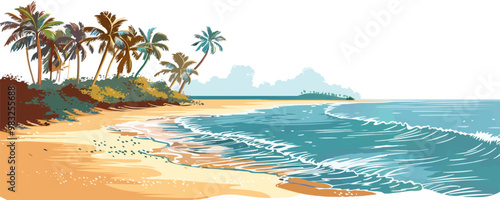 A sandy beach with palm trees swaying in the gentle breeze on a white background. Vector flat minimalistic isolated illustration.
