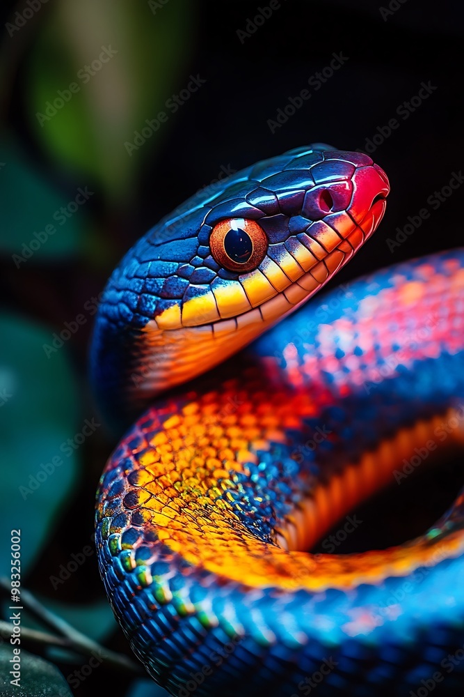Fototapeta premium Close up of a vibrant blue, yellow and red snake in a jungle setting