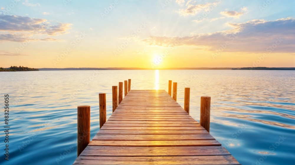 Fototapeta premium Serene wooden dock extending over calm water at sunset on a warm evening, surrounded by nature in a tranquil environment