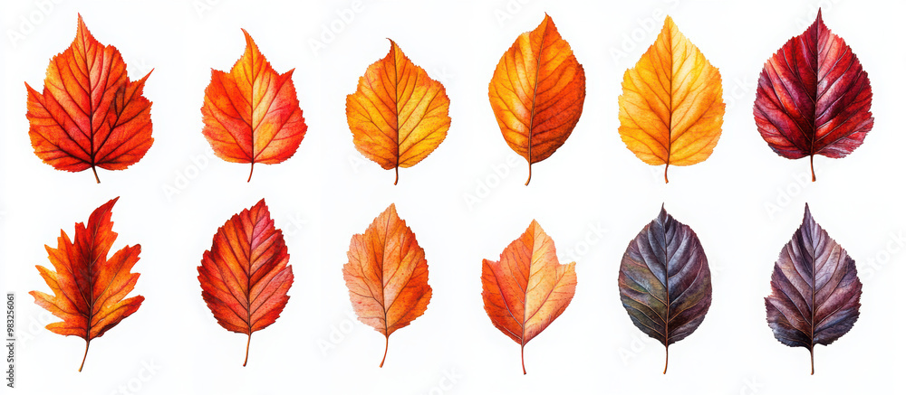 Obraz premium Collection set of yellow orange red maroon autumn fall maple leaf leaves on transparent background cutout, PNG file. Many different design Mockup template for artwork