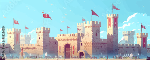 Medieval castle courtyard with knights in shining armor Vector flat minimalistic isolated illustration