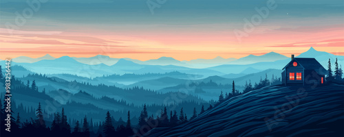 A serene mountaintop retreat with panoramic views of the landscape. Vector flat minimalistic isolated illustration.